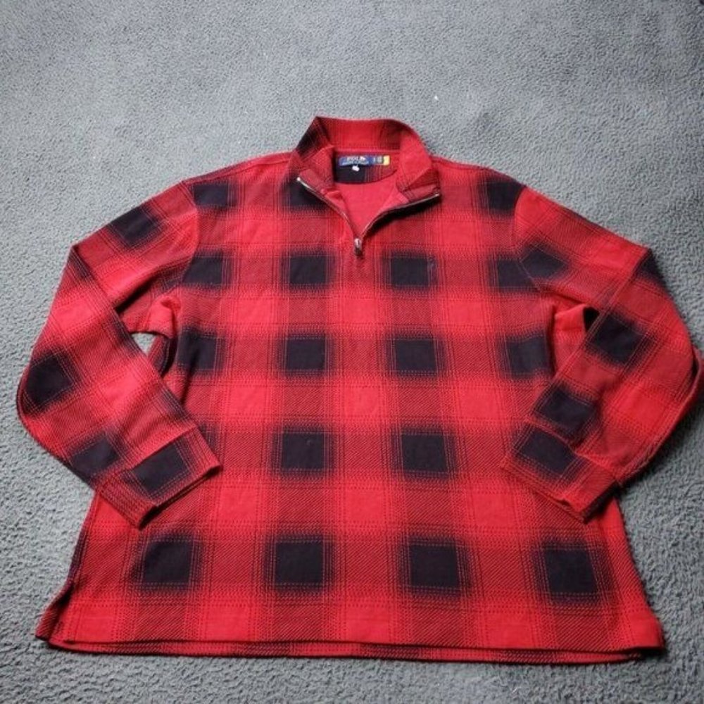 Polo Ralph Lauren Pullover Zip Up Sweater Red Cotton Plaid Mens Size XL